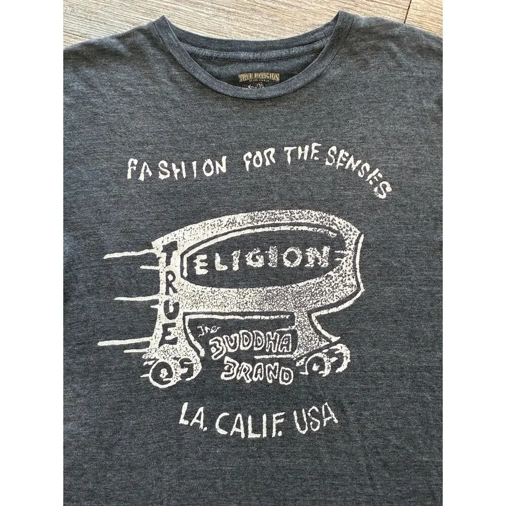 VTG Y2K True Religion Mens XL Grey White T-shirt Made in USA Buddha Brand Soft